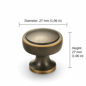 Measurements for recessed round antique bronze brass cabinet knob, style #21.