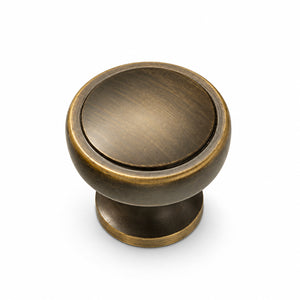 Side and mounting view of recessed round antique bronze brass cabinet knob, style #21.