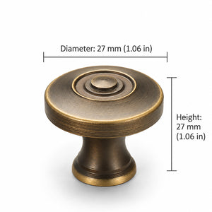 Measurements for concentric-ring antique bronze brass cabinet knob, style #23.
