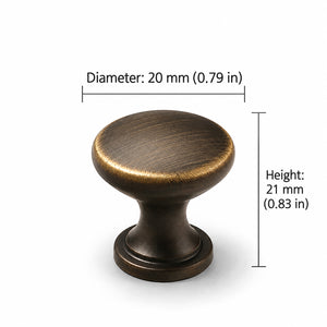 Measurements for bronze-finish solid brass round cabinet knob, style #3 (20 mm).