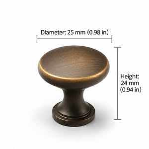 Measurements for bronze-finish solid brass round cabinet knob, style #3 (25 mm).