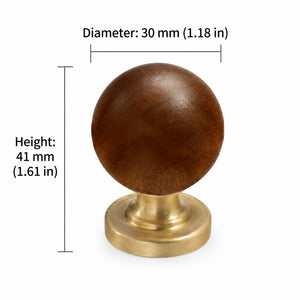 Measurements for dark wood ball cabinet knob on a brass base, style #3 (30 mm).