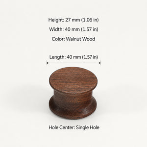Dimensions of round walnut wood cabinet knob, style #3.