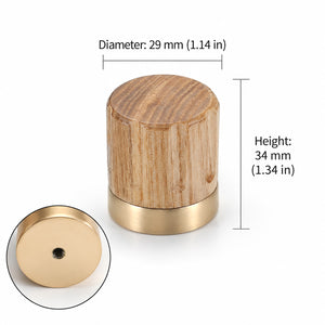 Measurements for oak wood cylindrical cabinet knob with brass base, style #4 (29 mm).