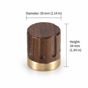 Measurements for walnut wood cylindrical cabinet knob with brass base, style #4 (45 mm).