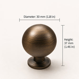 Measurements for bronze-finish solid brass round cabinet knob, style #5 (30 mm).