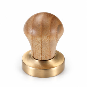 Rounded oak wood cabinet knob with brass base, style #5.
