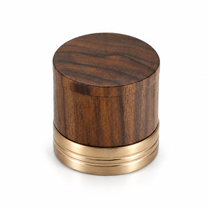 Walnut wood cylindrical cabinet knob with brass base, style #6.