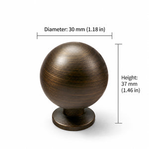 Measurements for bronze-finish solid brass round cabinet knob, style #7 (30 mm).