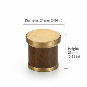 Measurements for dark wood barrel cabinet knob with brass end caps, style #7 Brass.
