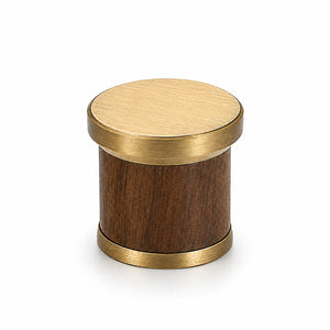 Dark wood barrel cabinet knob with brass end caps, style #7 Brass.