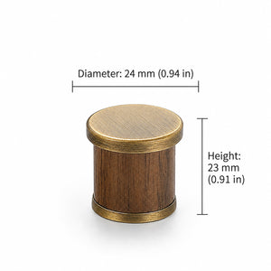 Measurements for dark wood barrel cabinet knob with bronze-finish end caps, style #7 Bronze.