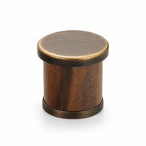 Dark wood barrel cabinet knob with coffee-finish end caps, style #7 Coffee.