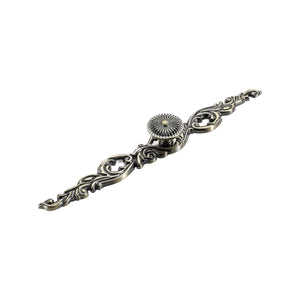 Antique bronze-tone cabinet knob with an elongated floral backplate, option No. 4.