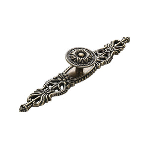 Antique bronze-tone cabinet knob with an elongated filigree backplate, option No. 8, 165 mm.