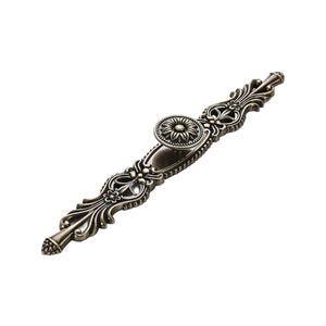 Antique bronze-tone cabinet knob with an elongated filigree backplate, option No. 8, 255 mm.