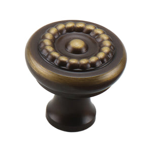 Antique bronze-tone round cabinet knob with a beaded ring, option No. 3.
