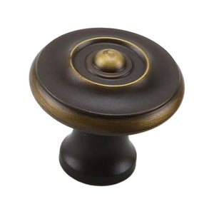Antique bronze-tone round cabinet knob with a raised gold-tone center, option No. 4.