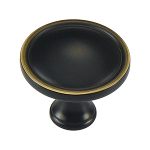 Black concave round cabinet knob with a gold-tone rim, option No. 14.