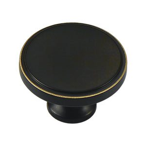 Black flat round cabinet knob with a gold-tone rim, option No. 8.