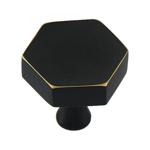 Black low-profile hexagonal cabinet knob with gold-tone edges, option No. 6.