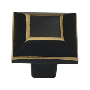 Black square cabinet knob with a stepped gold-tone frame, option No. 2.