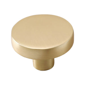 Brass-tone round cabinet knob with a flat top, 35 mm.