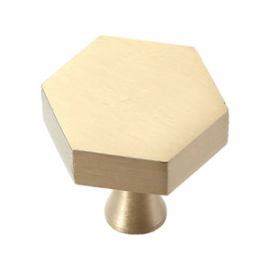 Brass-tone hexagonal cabinet knob with a flat top, option No. 4.