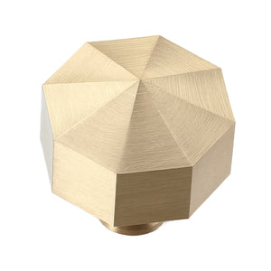 Brass-tone faceted cabinet knob with triangular faces meeting at the center, option No. 2.