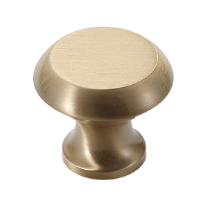 Brass-tone round cabinet knob with a smooth domed cap, option No. 7.