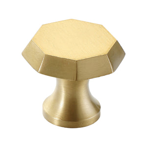 Brushed gold-tone faceted hexagonal cabinet knob, option No. 5.