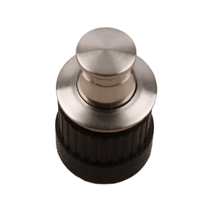 Brushed silver-tone round pop-up cabinet knob with a flat top and dark ribbed base, option No. 2.