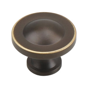 Coffee-brown round cabinet knob with a concave face and brass-tone rim, option No. 1.