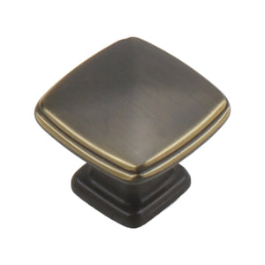 Coffee-brown square cabinet knob with a gently convex top and brass-tone rim, option No. 1.