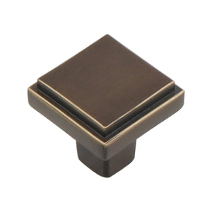 Coffee-brown square cabinet knob with a stepped rim and flat top, option No. 3.