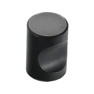 Matte black cylindrical cabinet knob with a curved thumb recess, Black variant #3.