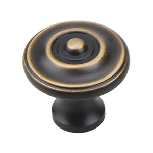 Dark antique-tone round cabinet knob with a central button and concentric gold-tone rings, option No. 5.