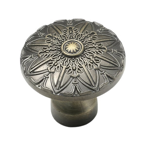 Bronze-colored round cabinet knob with an engraved floral design, variant #3.