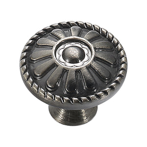 Dark metallic floral cabinet knob with a raised petal design, variant #4.
