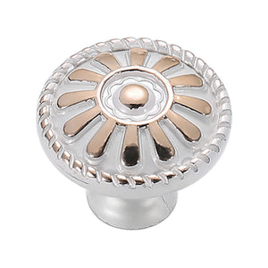Silver-colored floral cabinet knob with a raised petal design, variant #5.