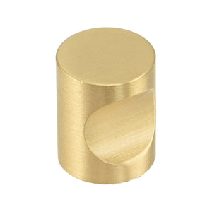 Matte gold-tone cylindrical cabinet knob with a curved side recess, option No. 5.