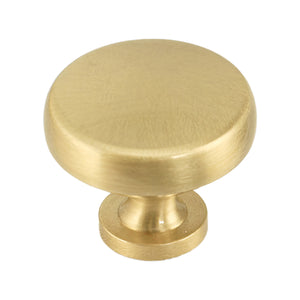 Matte gold-tone flat round mushroom cabinet knob, option No. 2.