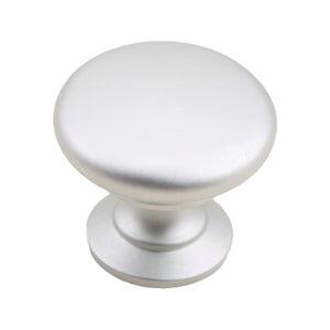 Matte silver-tone smooth round mushroom cabinet knob.
