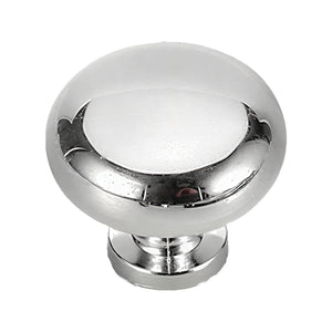 Polished silver-tone round cabinet knob, option No. 1.
