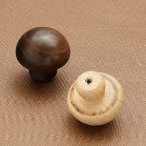 Walnut and beech wood mushroom cabinet knobs, including rear mounting views.