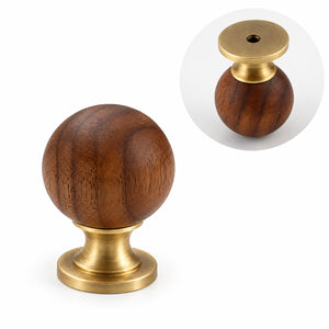 Dark wood ball cabinet knob on a brass pedestal, with rear mounting hole shown.