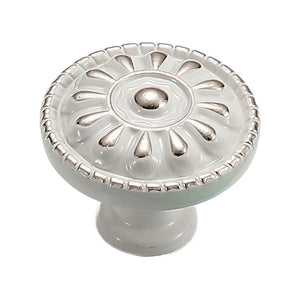 Silver-tone round cabinet knob with a raised floral rosette, option No. 2, 30 mm.