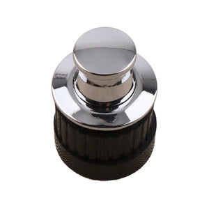 Silver-tone round pop-up cabinet knob with a flat top and dark ribbed base, option No. 1.