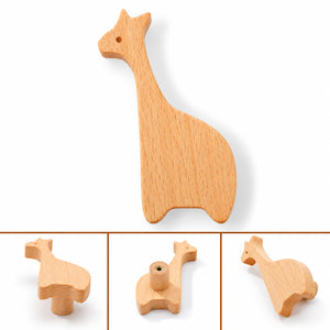 Multiple views of giraffe-shaped wood cabinet knob or wall hook, style #6.