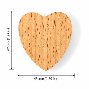 Measurement diagram for heart-shaped wood cabinet knob or wall hook, style #5.